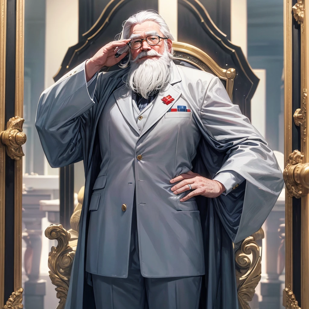 Colonel Harland David Sanders stood with his hands clasped., with a white suit,Made of ceramic, 30 years old, Smiling face, white hair, white mustache and beard. The surface is ceramic. 