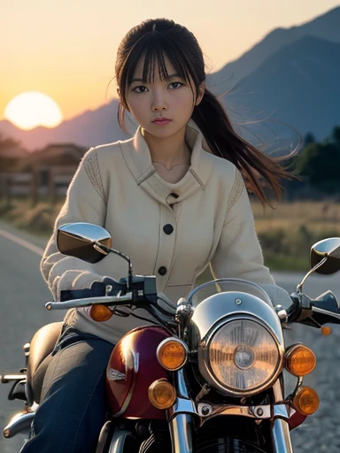 Japanese female, a lot of details, (underweight), 30 years old,masterpiece, best quality, cinematic photo of classic, KAWASAKI motorcycle, vintage car, glossy surface, wild west background, sunset, high resolution, photograph, film, highres