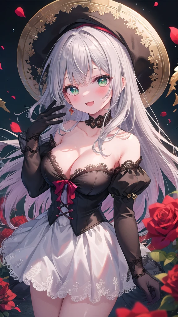 (8k, best quality, master piece: 1.2),super high resolution,1 girl, solo, colorshift eyes, hyperdetailed, expressive eyes, ultra-detailed face, Renaissance fair costume, Velvet, lace, Purple, gold, Feathered hat, gloves, silver gray hair, Rose garden, Red, green, pink, Bright, romantic, Ecstatic expression, Collarbone, cleavage, cowboy shot