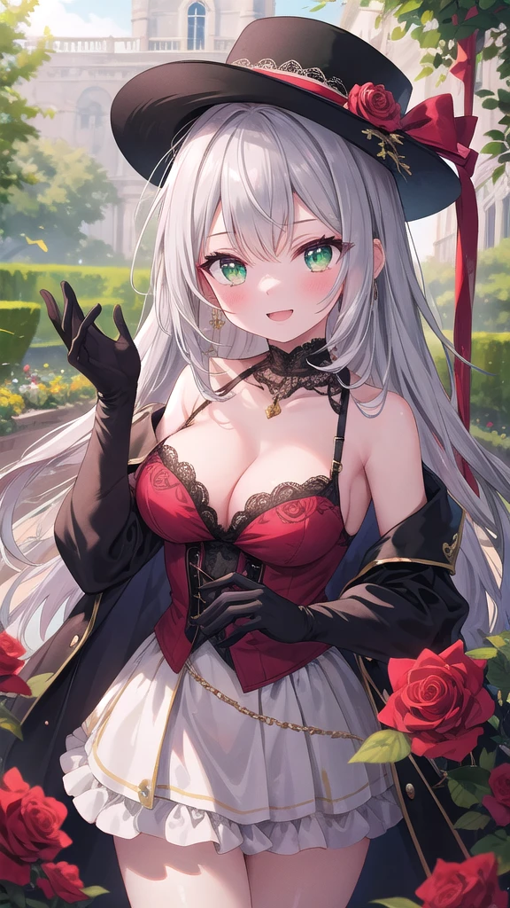 (8k, best quality, master piece: 1.2),super high resolution,1 girl, solo, colorshift eyes, hyperdetailed, expressive eyes, ultra-detailed face, Renaissance fair costume, Velvet, lace, Purple, gold, Feathered hat, gloves, silver gray hair, Rose garden, Red, green, pink, Bright, romantic, Ecstatic expression, Collarbone, cleavage, cowboy shot
