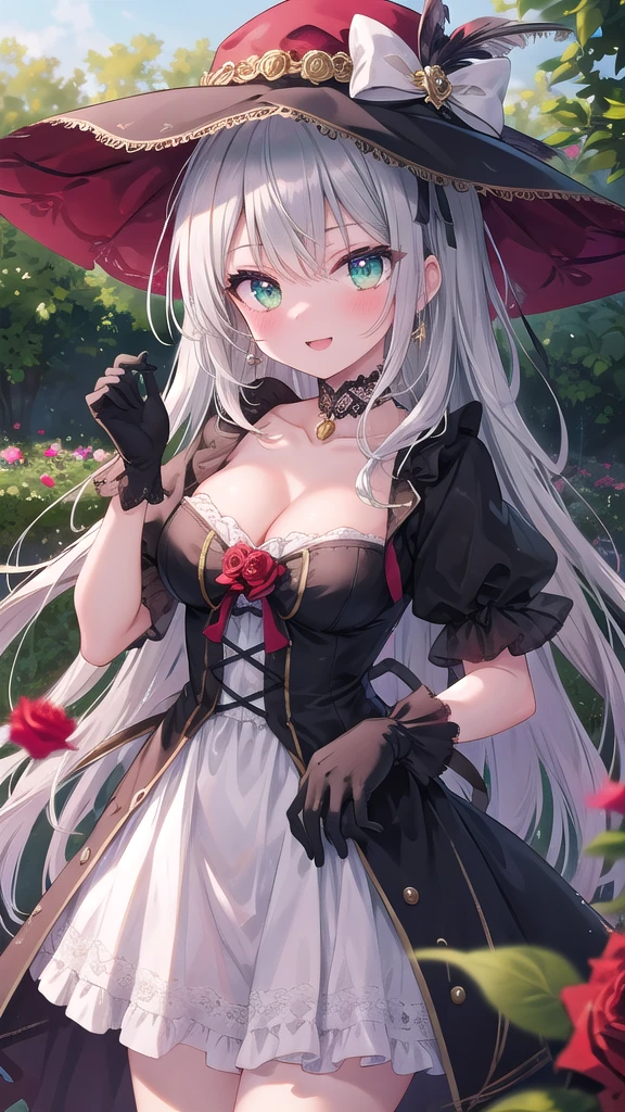 (8k, best quality, master piece: 1.2),super high resolution,1 girl, solo, colorshift eyes, hyperdetailed, expressive eyes, ultra-detailed face,　Renaissance fair costume, Velvet, lace, Purple, gold, Feathered hat, gloves, silver gray hair, Rose garden, Red, green, pink, Bright, romantic, Ecstatic expression, Collarbone, cleavage, cowboy shot