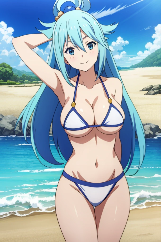 tall body, tall, long legs, mature female, mature, adult, EFT_Konsuba_Aqua, 1girl, aqua (konosuba), solo, long hair, smile, blue eyes, anime coloring, blue hair, hair rings, hair ornament, hair between eyes, 1girl, solo, breasts, looking_at_viewer, smile, large_breasts, cleavage, bare_shoulders, collarbone, standing, hands behind head, black underwear, from_below, breasts, large breasts, big breasts, huge breasts, big tits, giant breasts, small bikini, bikini, white bikini, bare shoulders, bare arms, beach, ocean, underboob, island background