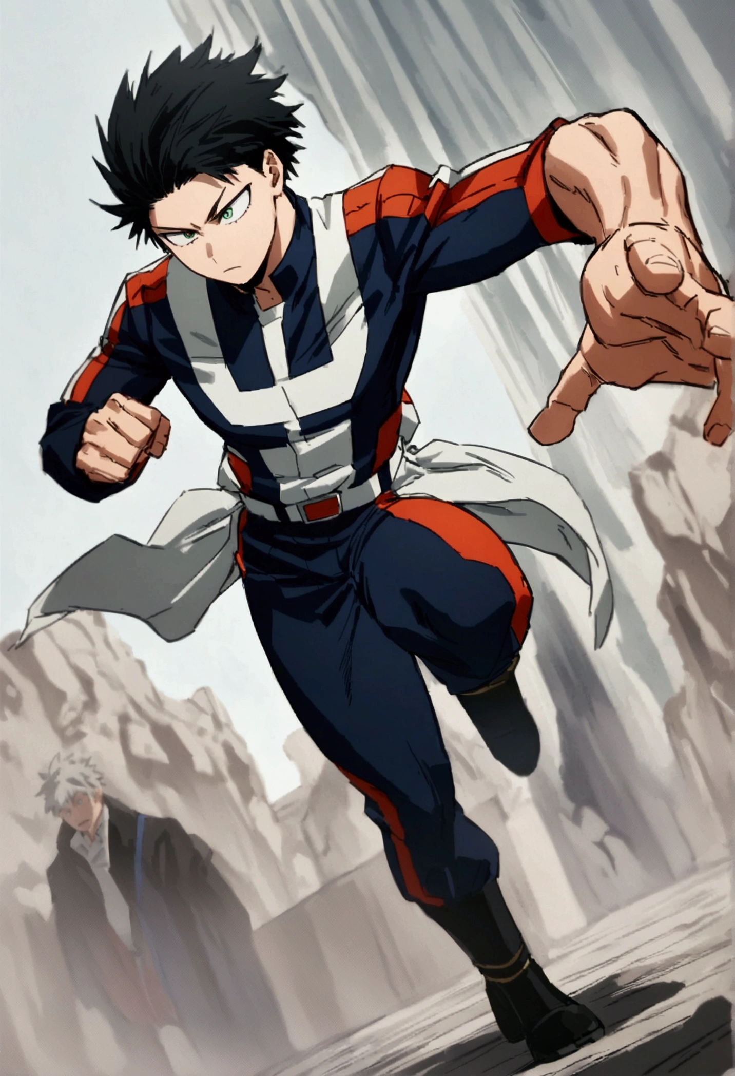 He is a 17 year old teenager, He has slightly disheveled very black hair..., somewhat light green eyes, (front angle ) , (full body), muscular body , He is dressed in the anime uniform. "my hero academia", fighting