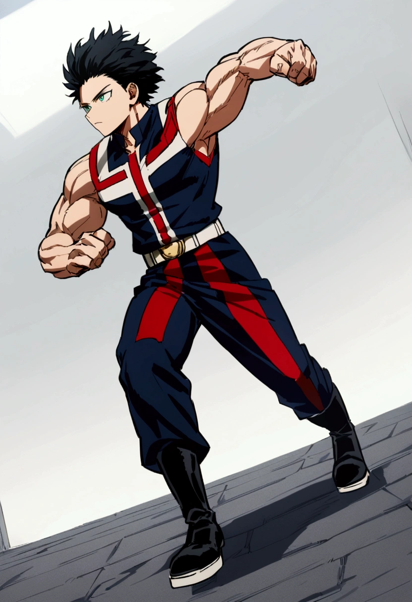 He is a 17 year old teenager, He has slightly disheveled very black hair..., somewhat light green eyes, (front angle ) , (full body), muscular body , He is dressed in the anime uniform. "my hero academia", fighting