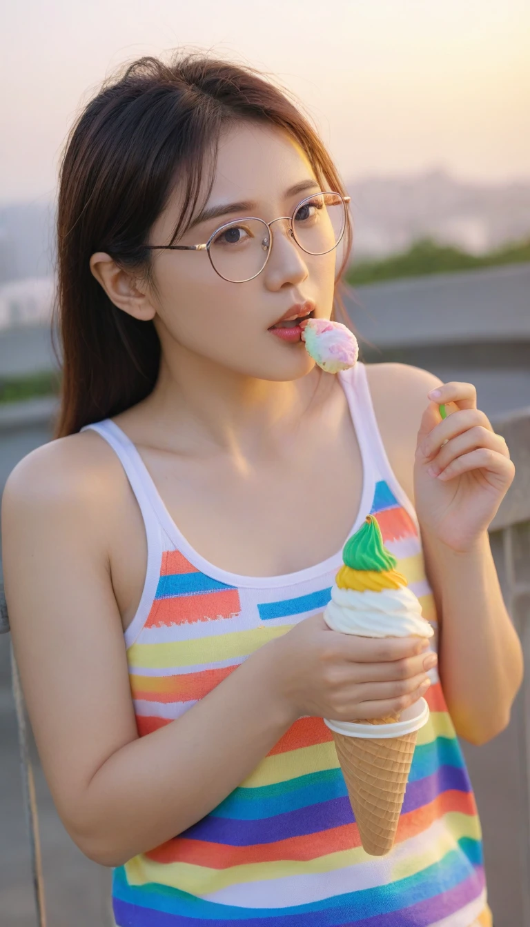 Extreme close-up of beautiful korean female, 34 inches breasts size, wearing camisole rainbow pattern, glasses, holding ice-cream, against the fence, sunset light, UHD 