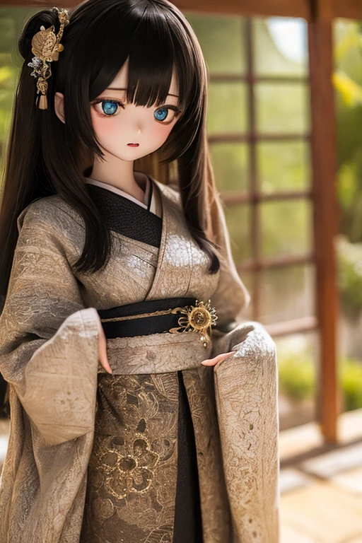 (SFW:2), photorealistic, realistic photo, ((highest quality)), ((masterpiece)), ((extremely detailed)), kukolnydom, doll, (mature woman, 20yo, 20 years old:1.6), solo, ((cowboy shot, standing, skinny, slender, slim, kimono, obi, hair ornament)), green eyes, parted lips, (black hair, long hair, looking at another, blank eyes, empty eyes, detailed eyes, detailed clothes:1.3), Japanese garden, 8k
