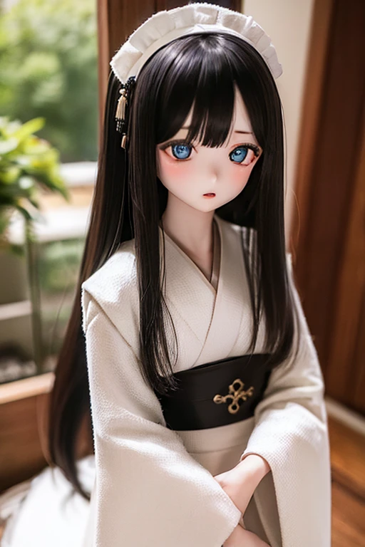 (SFW:2), photorealistic, realistic photo, ((highest quality)), ((masterpiece)), ((extremely detailed)), kukolnydom, doll, (mature woman, 20yo, 20 years old:1.6), solo, ((cowboy shot, standing, skinny, slender, slim, kimono, obi, hair ornament)), green eyes, parted lips, (black hair, long hair, looking at another, blank eyes, empty eyes, detailed eyes, detailed clothes:1.3), Japanese garden, 8k
