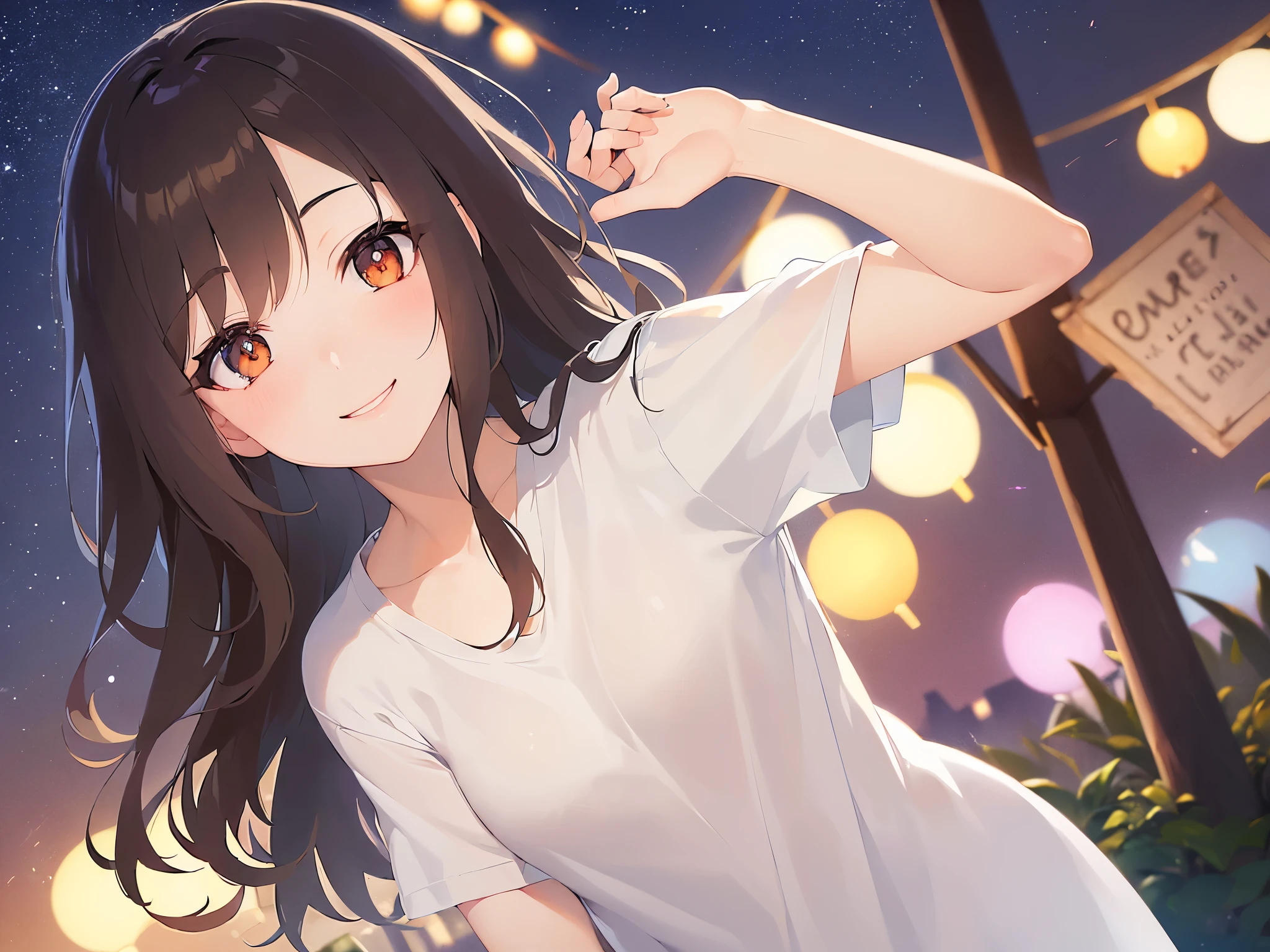 (looking at viewer:1.5),upper body,head tilt, Realistic, real person, (pale skin: 1.2), RAW photo, photorealistic, shiny skin, shiny hair、 (A 25-year-old woman with medium-length hair and bangs) and (wavy hair) and (brown hair) and (orange eyes)、(white) and (T-shirt:1.5) and (V neck) 、Cleavage、blush, (smile:1.5),Midnight in the Park、Night Sky、（alone:1.5）