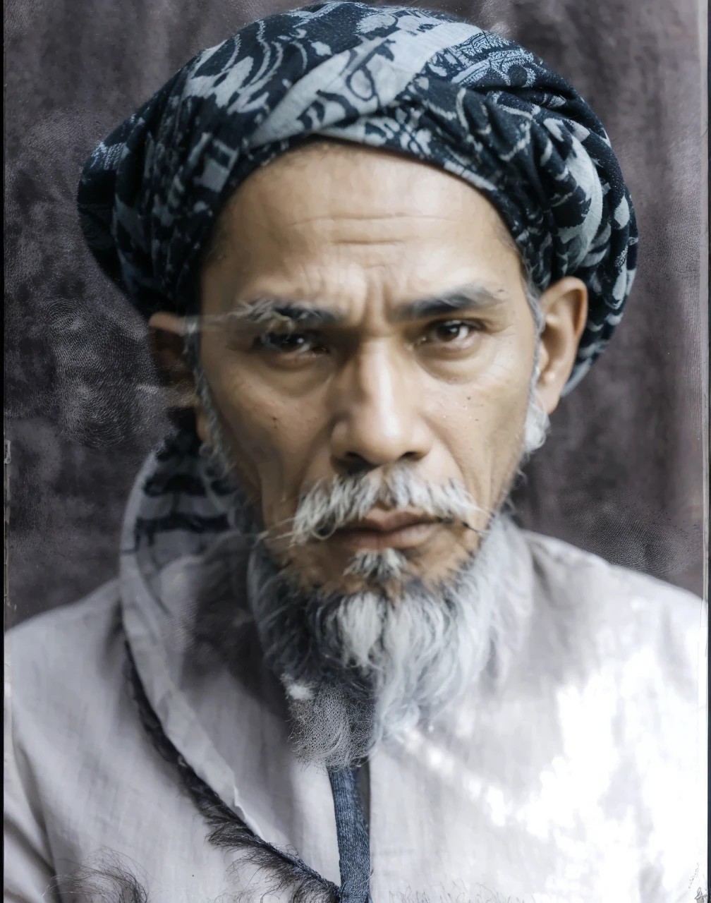 Indonesian Muslim man, 65 years old, naturally wrinkled brown skin appropriate for age, wearing a dark blue patterned turban. white Islamic clothes, oval face, tall nose, long ears, thick gray eyebrows, clear black eyes, slightly thick lower lip, thick white mustache and long beard, closed mouth. HD quality realistic images.
