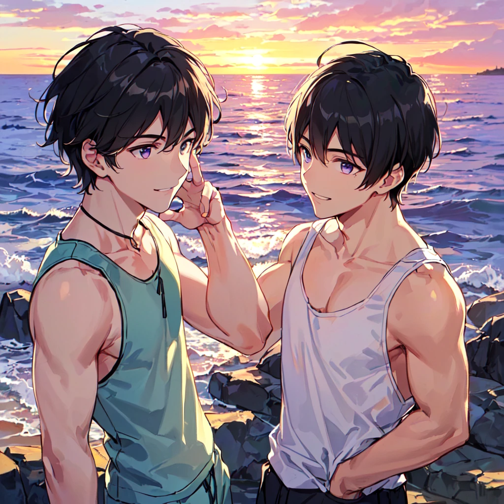 masterpiece,best quality,high quality,(1 male austere handsome solo adult age 30 years old:1.5), purple eyes, cool with suspended eyes, V-shaped eyebrows, body strong and fearless 8.5 head tall, height 185cm, (well-groomed black short hair down to neck:1.4), (bangs 7 thirds parted:1.4), slender nose, facial muscles, throat, (tank top and pants in summer fashion:1.3), (stylish pose), (cool smile:1.3), (background ocean:1.3), (sunset:1.3) , (upper body:1.3)