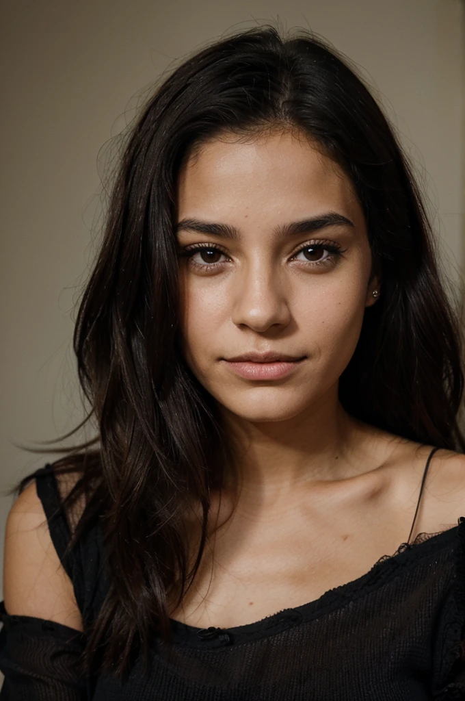 portraitt d'une jeune femme aux cheveux noir typé Latina, elle n'a aucune emossions sur son visage, elle ne sourit pas 