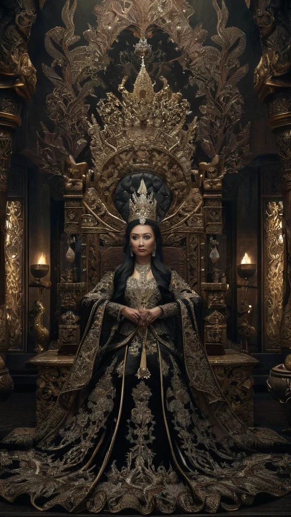 high detail, best quality, 8k, [very detailed], masterpiece, best quality, (very detailed), ultra wide shot, photorealistic, image of a Javanese empress wearing a Javanese royal gown (intricate detail, Masterpiece, best quality: 1.5 ), holding a scepter (intricate detail, Masterpiece, best quality: 1.5), wearing a crown with 12 stars (intricate detail, Masterpiece, best quality: 1.5), sitting on a throne (intricate detail, Masterpiece, best quality: 1.5), black hair, long hair, loose hair, sharp eyes, dynamic light, from the front, [[12 stars in the background]], best quality, high resolution, ultra wide angle