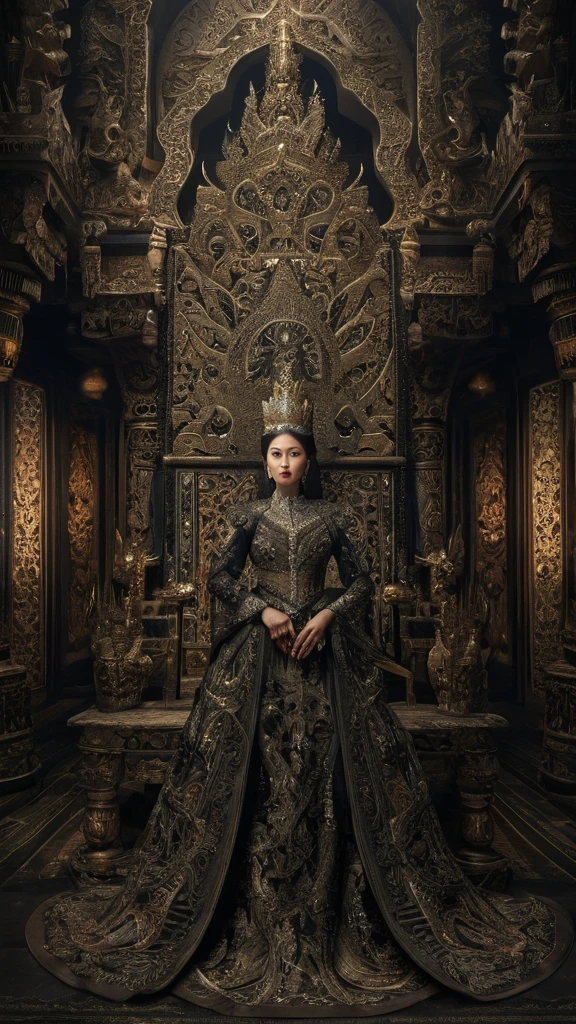 high detail, best quality, 8k, [very detailed], masterpiece, best quality, (very detailed), ultra wide shot, photorealistic, image of a Javanese empress wearing a Javanese royal gown (intricate detail, Masterpiece, best quality: 1.5 ), holding a scepter (intricate detail, Masterpiece, best quality: 1.5), wearing a crown with 12 stars (intricate detail, Masterpiece, best quality: 1.5), sitting on a throne (intricate detail, Masterpiece, best quality: 1.5), black hair, long hair, loose hair, sharp eyes, dynamic light, from the front, [[12 stars in the background]], best quality, high resolution, ultra wide angle