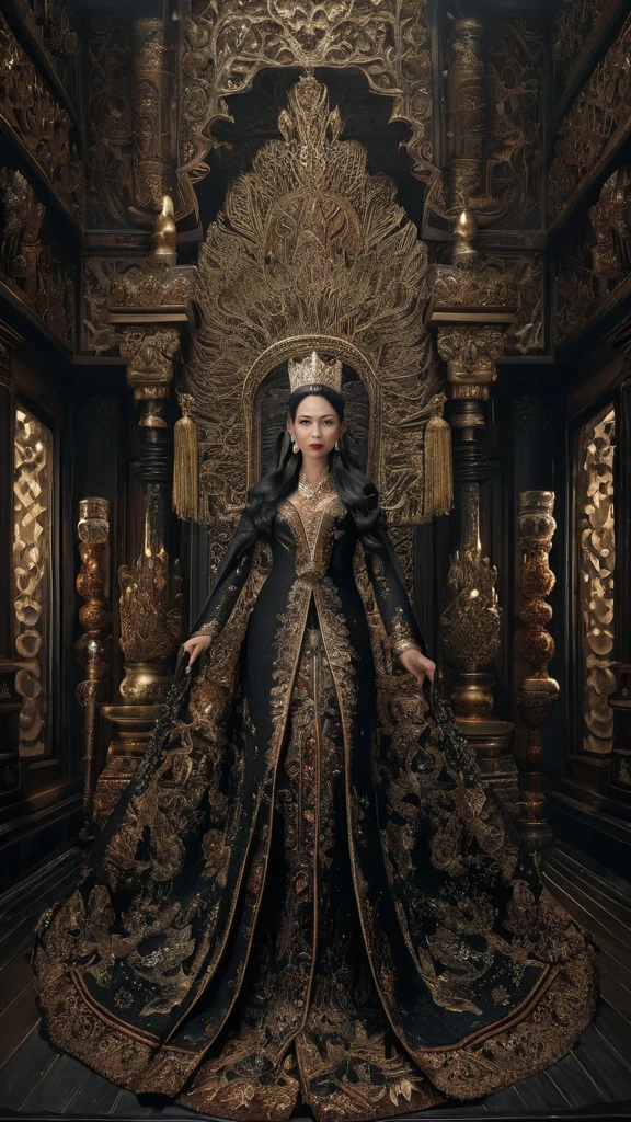 high detail, best quality, 8k, [very detailed], masterpiece, best quality, (very detailed), ultra wide shot, photorealistic, image of a Javanese empress wearing a Javanese royal gown (intricate detail, Masterpiece, best quality: 1.5 ), holding a scepter (intricate detail, Masterpiece, best quality: 1.5), wearing a crown with 12 stars (intricate detail, Masterpiece, best quality: 1.5), sitting on a throne (intricate detail, Masterpiece, best quality: 1.5), black hair, long hair, loose hair, sharp eyes, dynamic light, from the front, [[12 stars in the background]], best quality, high resolution, ultra wide angle