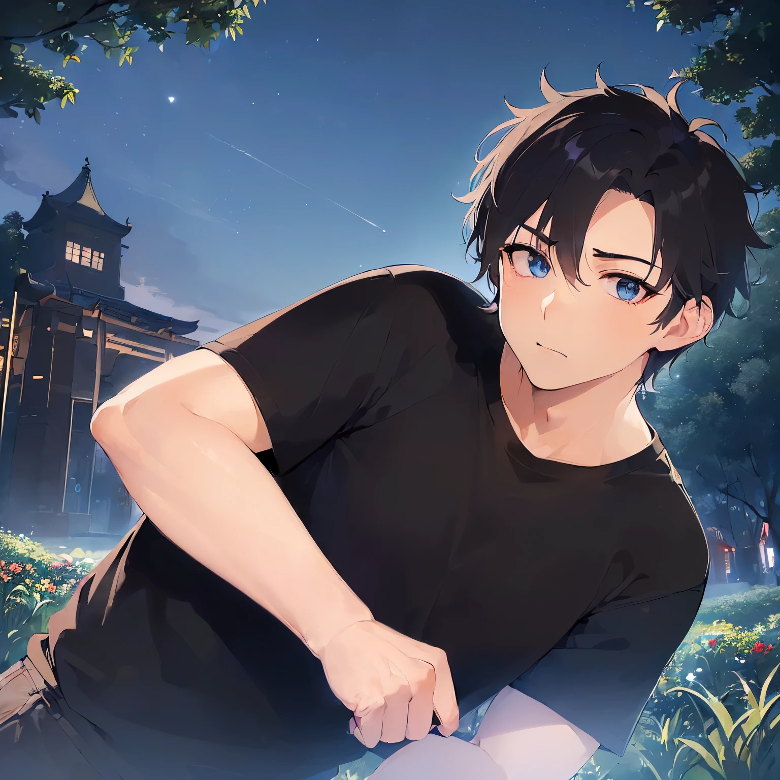 (30-year-old male:1.5) and (blackのショートヘア) and (blue eyes) (black:1.5) and (T-Shirts:1.5),(avert your eyes:1.5),Upper Body、Side shot、Glowing Skin, masterpiece、Highest quality,Surprised expression,(Night Park:1.5)、（Night Sky：1.5）、(Grass:1.3),(alone:1.5)