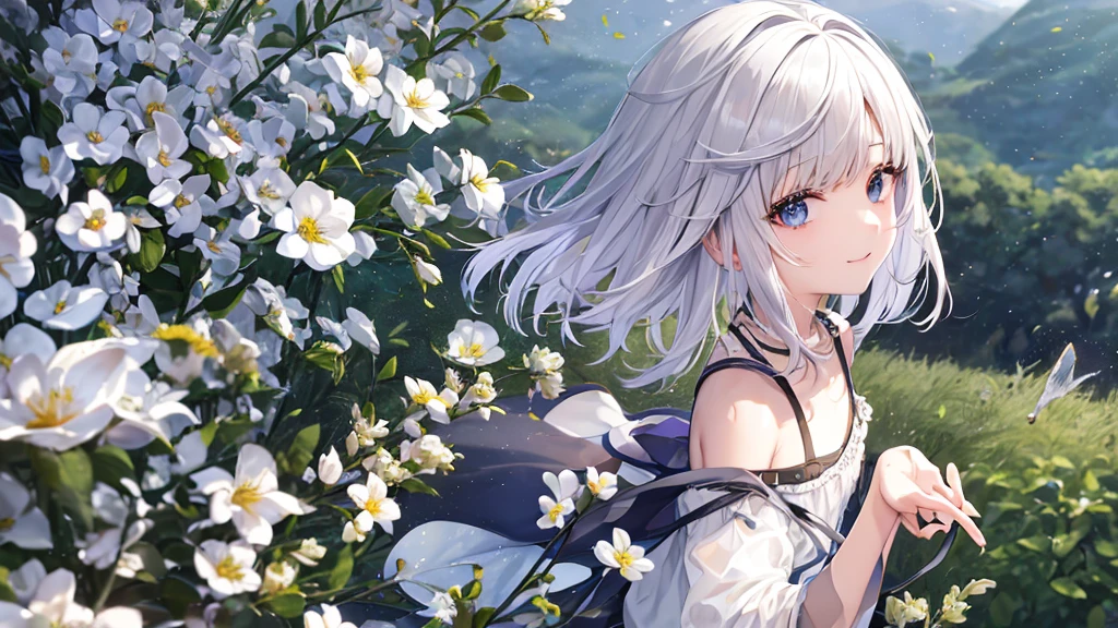 Ultra HD,Look at the viewers, Put your hands behind your back, With a girl, 20-year-old, 非常にShort Hair, Long bangs between the eyes, Pale blue eyes, Very detailed,(masterpiece、Highest quality),Gray Hair、Laughter、Fantastic, Silver Hair, Iris, Short hair、 Fluttering Hair、Small Face、明るいsmile、(Detailed face) ,Professional Lighting,Wonderful landscape,blue sky, sunlight,Looking down from above,Portraiture、Open your mouth、Flower Field、Her eyes were shining、Mysterious and enchanting atmosphere。With AI Painting、とてもShort Hair, Long bangs between the eyes, Very detailed,(masterpiece、Highest quality)、alone、Gray Hair、Fantasy, Silver Hair, Fantasyな風景、smile、Open your mouth、short hair、Short Hair、hairpin、black eye、Grey Eyes、Beautiful Eyes、Black Shirt、White hoodie