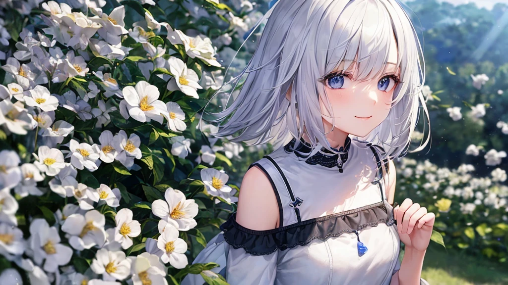 Ultra HD,Look at the viewers, Put your hands behind your back, With a girl, 20-year-old, 非常にShort Hair, Long bangs between the eyes, Pale blue eyes, Very detailed,(masterpiece、Highest quality),Gray Hair、Laughter、Fantastic, Silver Hair, Iris, Short hair、 Fluttering Hair、Small Face、明るいsmile、(Detailed face) ,Professional Lighting,Wonderful landscape,blue sky, sunlight,Looking down from above,Portraiture、Open your mouth、Flower Field、Her eyes were shining、Mysterious and enchanting atmosphere。With AI Painting、とてもShort Hair, Long bangs between the eyes, Very detailed,(masterpiece、Highest quality)、alone、Gray Hair、Fantasy, Silver Hair, Fantasyな風景、smile、Open your mouth、short hair、Short Hair、hairpin、black eye、Grey Eyes、Beautiful Eyes、Black Shirt、White hoodie