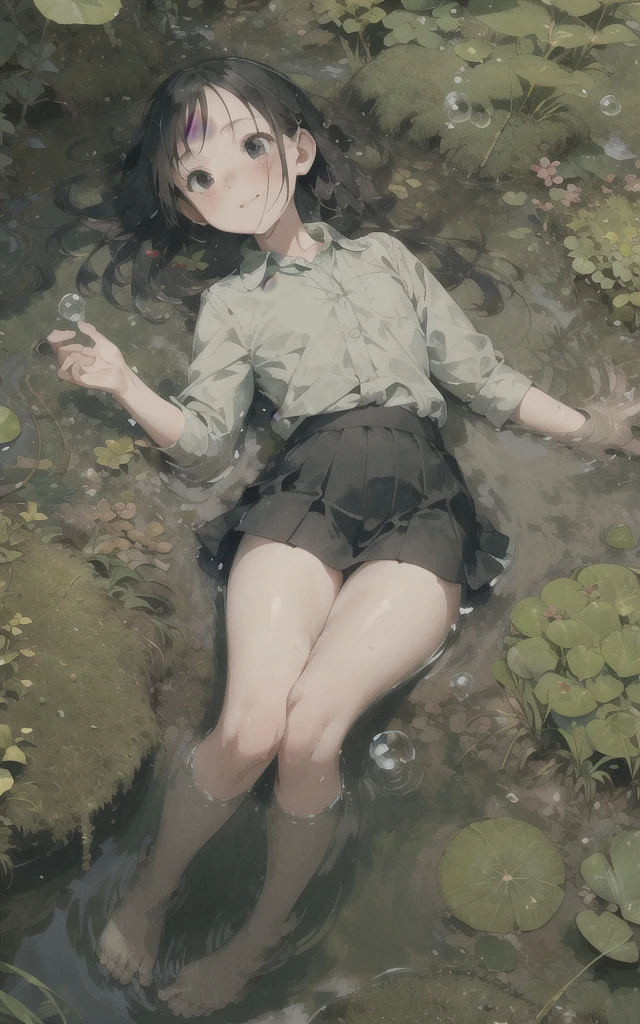 1girl,Stream,Moss,small pebble,Forest,Short Skirt,kid,Happy,Water,Bubble,paddy field,