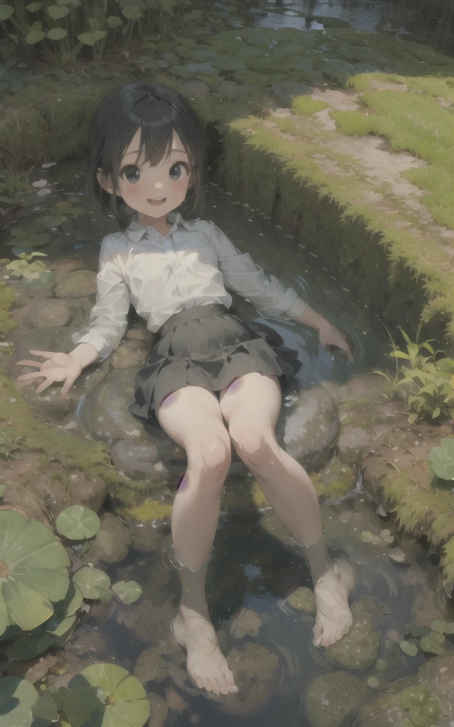 1girl,Stream,Moss,small pebble,Forest,Short Skirt,kid,Happy,Water,Bubble,paddy field,