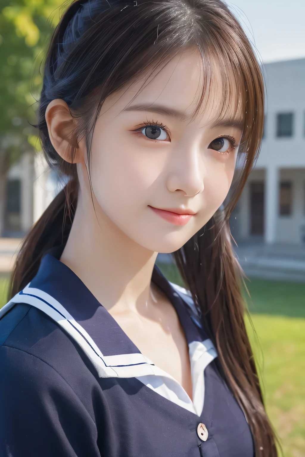 Beautiful girl, , (Highest quality:1.4), (Very detailed), (Very detailed美しい顔), Short sleeve, Sailor suit, Great face and eyes, iris, ponytail, The Beauty of Japan, (Skinny body type:1.1), (Flat Chest:1.3), smile, Smooth, Very detailed CG synthesis 8k wallpaper, High-resolution RAW color photos, Professional photography, Light, BackLight, dream-like, impressive, Written boundary depth, School building in the background, (Face close-up:1.2), (Shoot from the front:1.2)