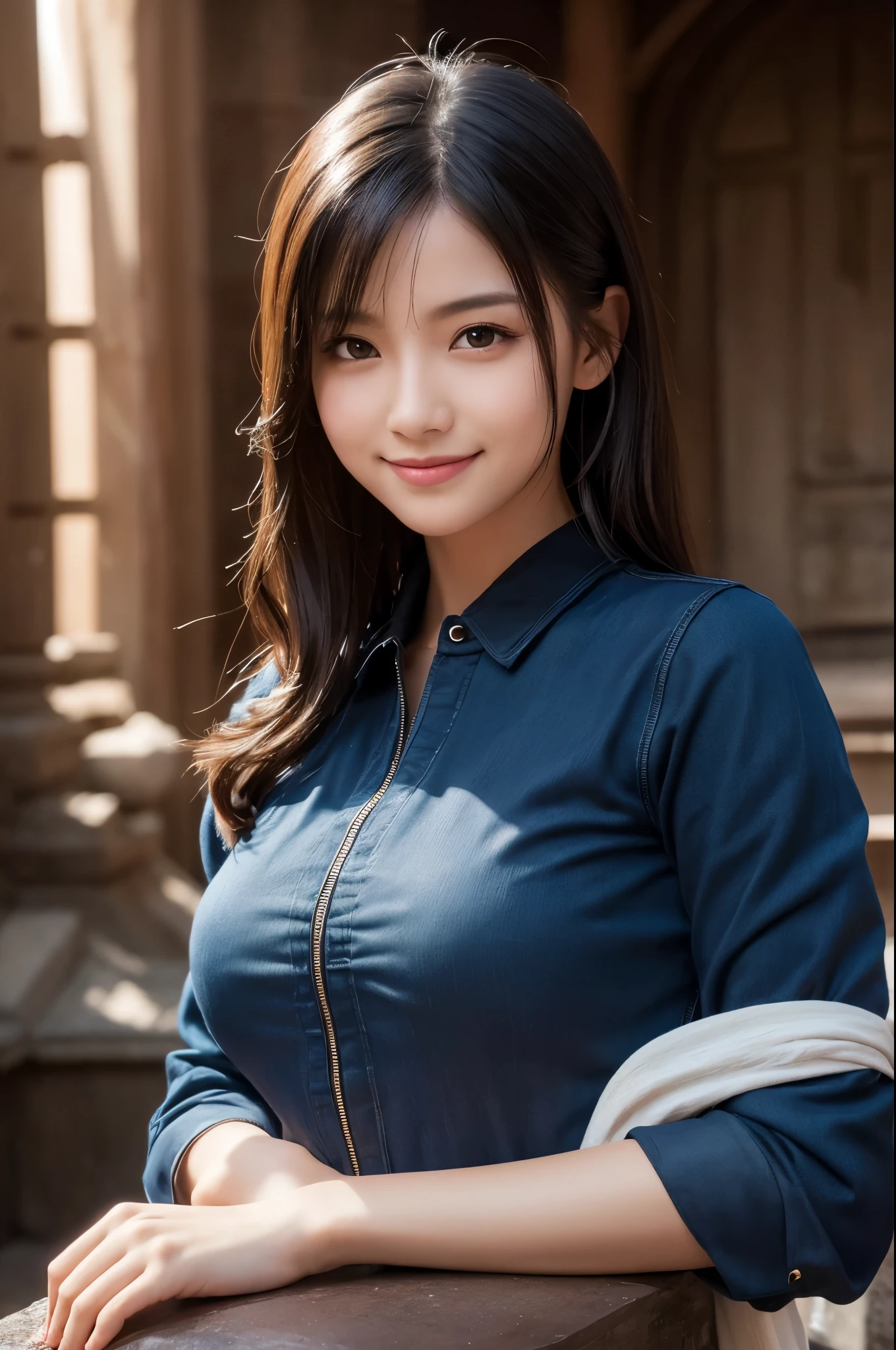 8k,sister,so beautiful(Like the real thing),My sister is cool and short with very big breasts.,Toned, muscular body,sexy,clear narrow eyes,black eye,Cool smile,Black long perm,Blue combat jacket,Black Shirt,Black combat pants,short,Cool smile,Compensate,Ultra-Realistic Skin,compensate,masterpiece,Photorealistic RAW photos of the highest quality。Bright colors,Rich colors, Backlight, Cinema Lighting, Film Grain, to be born, 50mm lens, Nikon D850,Detailed character art,Fantasy art,Ultra-high resolution,Ultra-Realistic Skin,Perfect hand shape,In front of the abandoned temple,Beautiful expression,close,