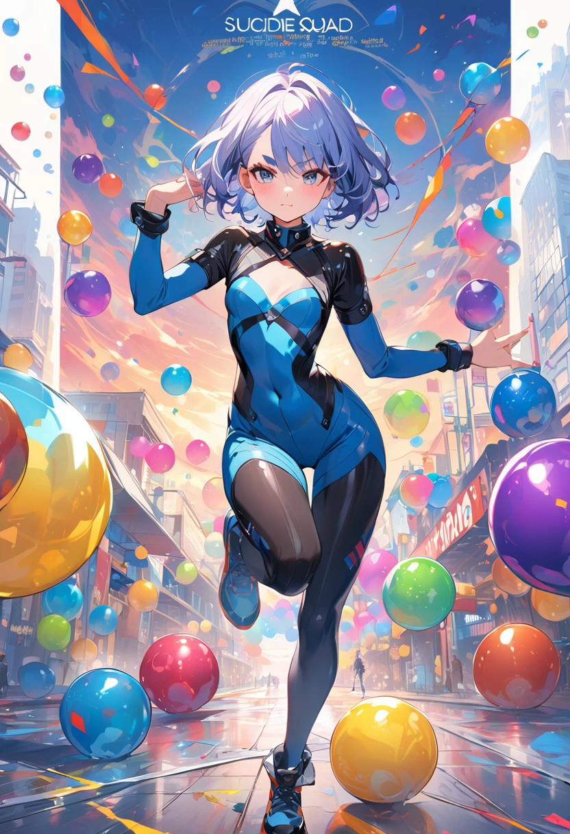 (masterpiece, best quality,ultra highres), (movie poster art,title of "Suicide Squad"),In the center of the poster,heroine girl in posing,(,(darkblue wavy-short hair),thick eyebrows,middle small breasts),(wearing "polkadot man" costume),(polkadot pattern white-bodysuit,many Colorful balls),