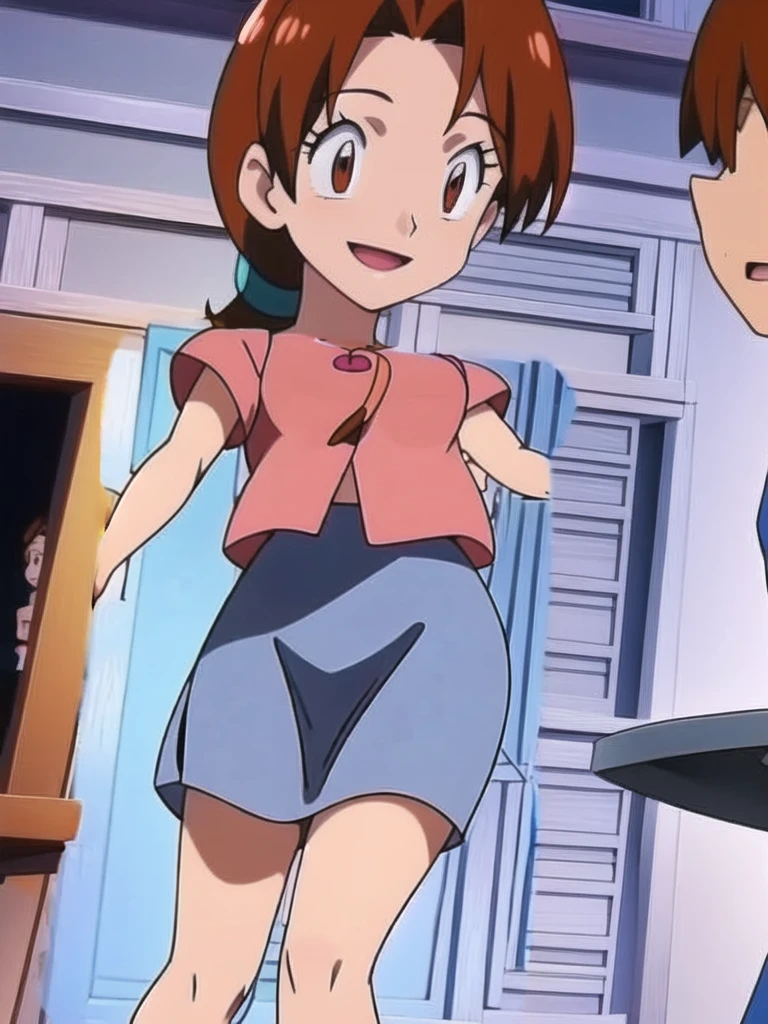 Delia_Ketchum, milf,skirt, shirt, blue skirt, long skirt, pink shirt, slippers,smile