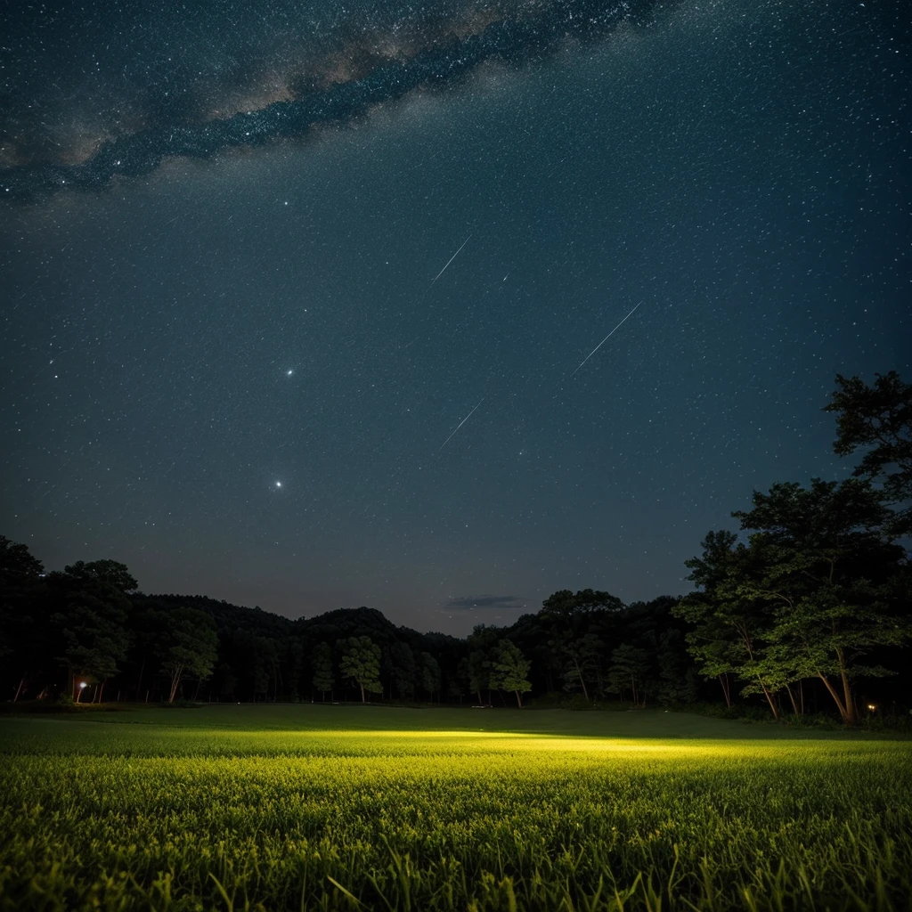 Quiet summer night、A scene of countless fireflies dancing on a green field