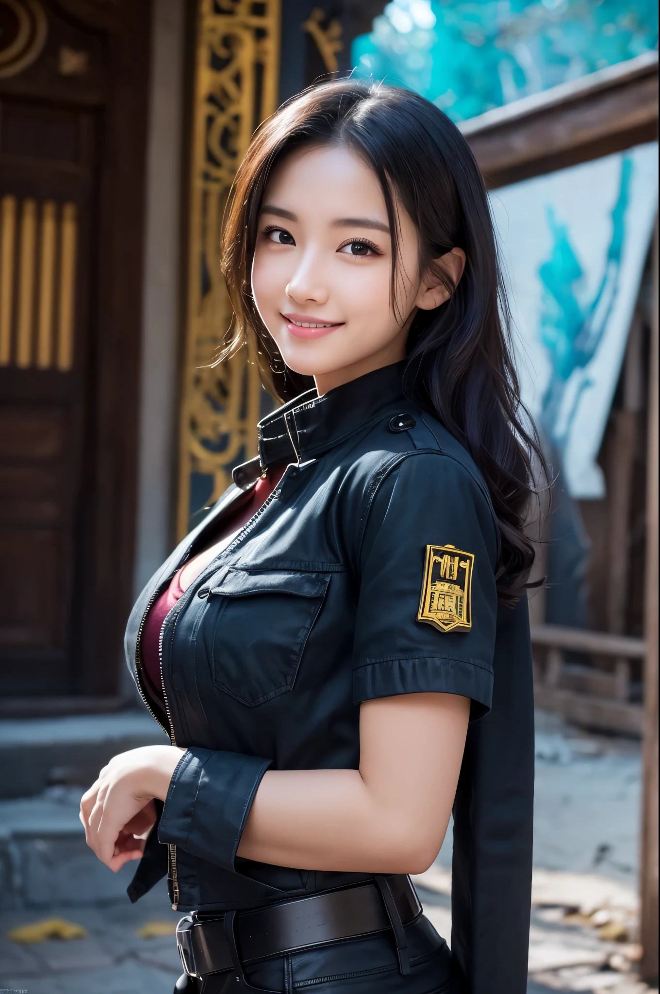 8k,sister,so beautiful(Like the real thing),My sister is cool and short with very big breasts.,Toned, muscular body,sexy,clear narrow eyes,black eye,Cool smile,Black long perm,Blue combat jacket,Black Shirt,Black combat pants,short,Cool smile,Compensate,Ultra-Realistic Skin,compensate,masterpiece,Photorealistic RAW photos of the highest quality。Bright colors,Rich colors, Backlight, Cinema Lighting, Film Grain, to be born, 50mm lens, Nikon D850,Detailed character art,Fantasy art,Ultra-high resolution,Ultra-Realistic Skin,Perfect hand shape,In front of the abandoned temple,Beautiful expression,close,Sharp Eye,