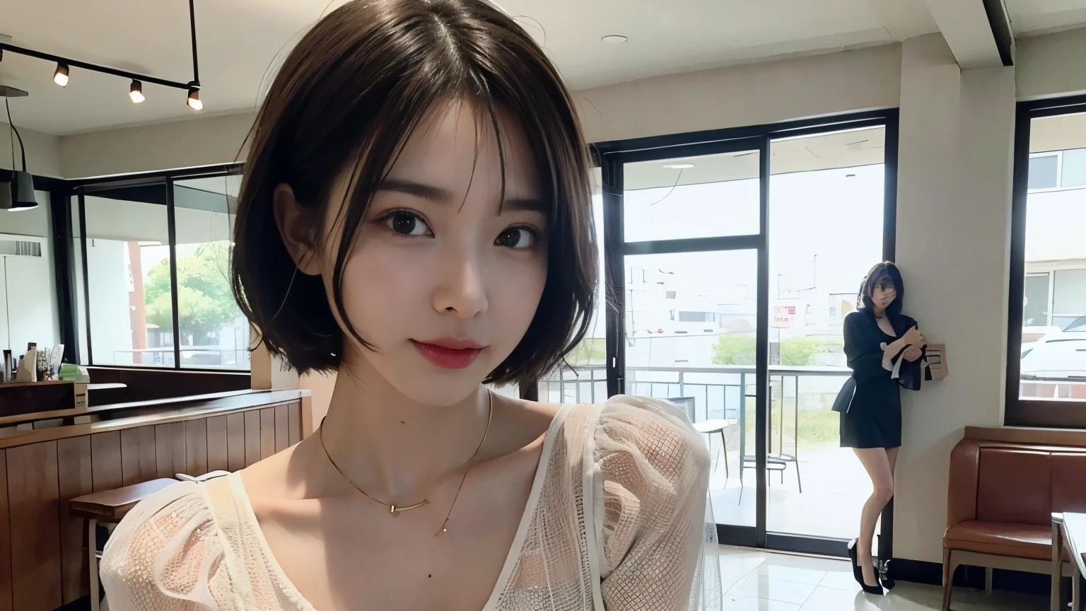 super high quality, Slenderのネックレス, Slender, Gravure photoshoot, The staff is working at the counter in the back., (8k、RAW Photos、Highest quality、masterpiece:1.2), Brown Hair, Stylish café, (Realistic、Photorealistic:1.37), Beautiful Face , Mesh Hair, Urban Cafe, Golden Ratio, Raw photo, Small breasts, Bright cafe interior, Blurred Background, Famous actress, Summer clothes, Photographed inside the cafe, Hair blowing in the wind, Neat clothes, Very Short Hair, Cool older sister, Stylish clothes,