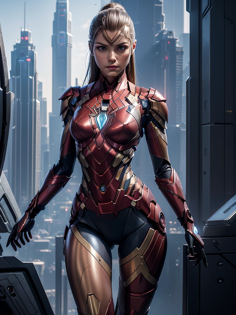 ((masterpiece, 8K, 3D, Realistic, Super Detail)), (1girl:1.3), slender age, Ultra Micro photography, Melissa Benoist Super realistic, Perfect face, 16K resolution, 4k resolution, The photo was taken from the Front, facing to the photographer, Foreground photo, dynamic lighting, posing on a pedestal, high-definition resolution, Beautiful features, ((Perfect female Model Slim body)) Beautiful features, Standing pose, ((small hip)), (((2 piece Hotpants-Bikini))), Sci-fi futuristic, ((Iron man armor)) ((bionic Fragmented Super Girl chest armor suit)), ((Exposed slim thighs)), wear mesh metal-stockings, ((slim thighs)), ((bionic Slim thighs Spider man armor)), Front Full body Shot, full body portrait, perfect legs, Iron Man shoes, futuristic city background