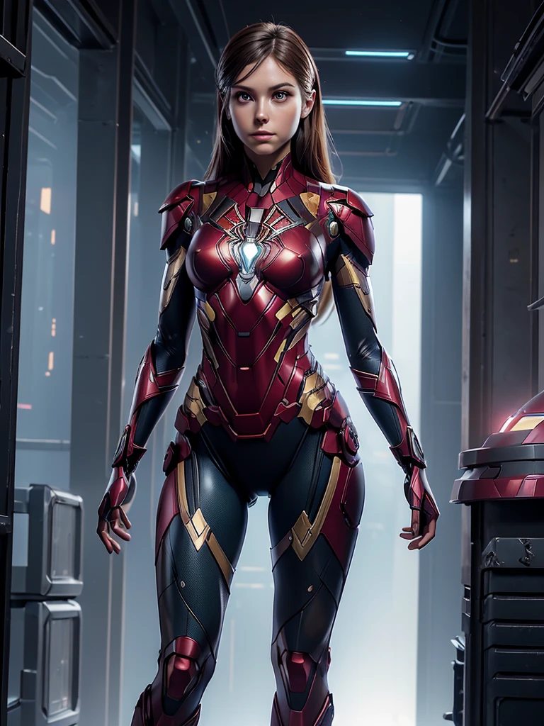((masterpiece, 8K, 3D, Realistic, Super Detail)), (1girl:1.3), slender 16 age, Ultra Micro photography, Melissa Benoist Super realistic, Perfect face, 16K resolution, 4k resolution, The photo was taken from the Front, facing to the photographer, Foreground photo, dynamic lighting, posing on a pedestal, high-definition resolution, Beautiful features, ((Perfect female Model Slim body)) Beautiful features, Standing pose, ((small hip)), (((2 piece Hotpants-Bikini))), Sci-fi futuristic, ((Iron man armor)) ((bionic Fragmented Super Girl chest armor suit)), ((Exposed slim thighs)), wear mesh metal-stockings, ((slim thighs)), ((bionic Slim thighs Spider man armor)), Front Full body Shot, full body portrait, perfect legs, Iron Man shoes, futuristic city background