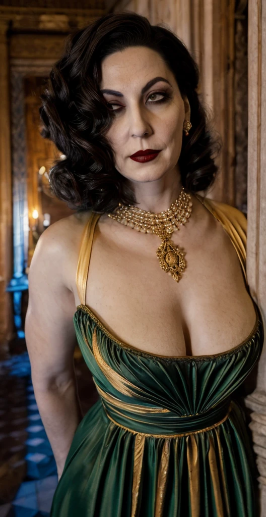 In a dimly lit ancient castle hallway, Lady Dimitrescu stands tall and regal, her striking figure towering over everything. Her porcelain skin reflects the flickering candlelight as strands of her dark hair cascade elegantly over her shoulders. Dressed in a stunning Victorian gown, she exudes an aura of classic sophistication and power. Behind her, intricately carved wooden doors hint at the mysteries that lie within the opulent mansion. Shadows dance around her, adding a sense of foreboding to the scene. Lady Dimitrescu's piercing gaze captivates the viewer, drawing them deeper into the enigmatic world of Resident Evil Village.