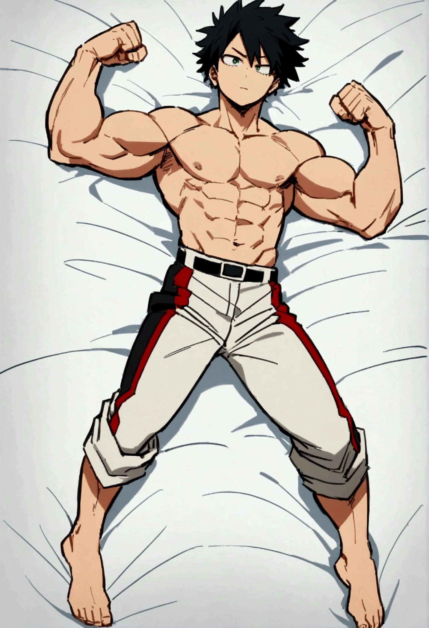 He is a , He has slightly disheveled very black hair..., somewhat light green eyes, (front angle ) , (full body), muscular body , He is dressed in the anime uniform. "my hero academia", without the shirt, just wearing Boku no Hero uniform pants, lying in your bed, flexing your muscles