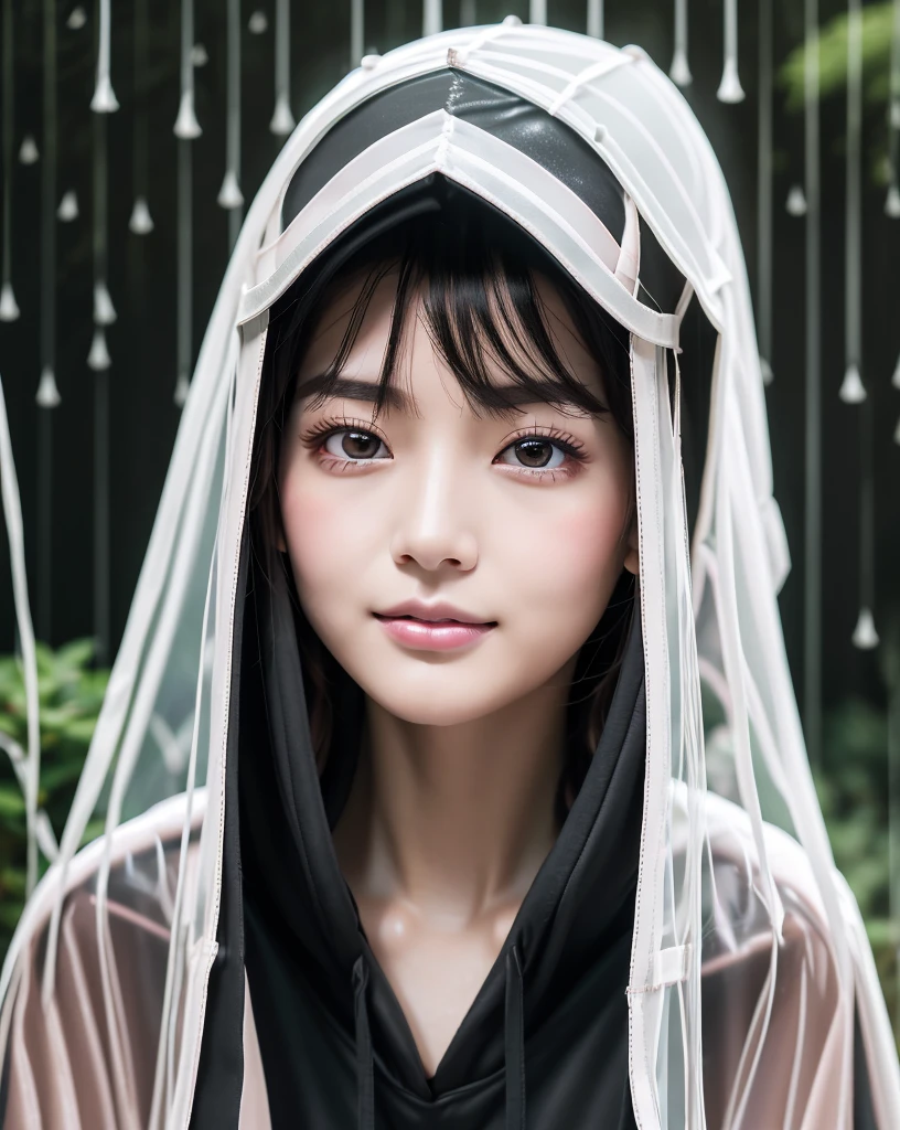 (Highest quality, 32K, High resolution, Masterpiece:1.5, ), marimo_jet, god々A photograph with brilliant dazzling and healing power., Evoking a sense of calm and elusive beauty, Expressing emotions, Have a rich imagination, Beautiful Japanese Girls, An exceptionally beautiful face, Small Face Beauty, Perfect Human Anatomy, Magical big eyes, Motherhood and generosity, Deep Love, fleeting smile, Shiny black hair, Asymmetrical bangs, Hair between the eyes, Transparent, soft white skin, Sharp eyebrows, Thin lashes, Natural Makeup, Cheek highlighter, Pale pink detailed lips, ((Black hooded raincoat:1.5)), ((Dark Room:1.2)), god秘的