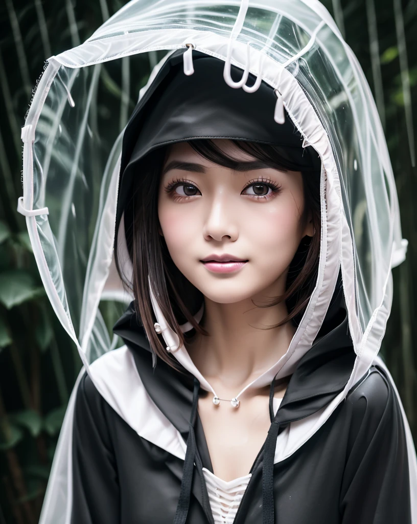 (Highest quality, 32K, High resolution, Masterpiece:1.5, ), marimo_jet, god々A photograph with brilliant dazzling and healing power., Evoking a sense of calm and elusive beauty, Expressing emotions, Have a rich imagination, Beautiful Japanese Girls, An exceptionally beautiful face, Small Face Beauty, Perfect Human Anatomy, Magical big eyes, Motherhood and generosity, Deep Love, fleeting smile, Shiny black hair, Asymmetrical bangs, Hair between the eyes, Transparent, soft white skin, Sharp eyebrows, Thin lashes, Natural Makeup, Cheek highlighter, Pale pink detailed lips, ((Black hooded raincoat:1.5)), ((Dark Room:1.2)), god秘的