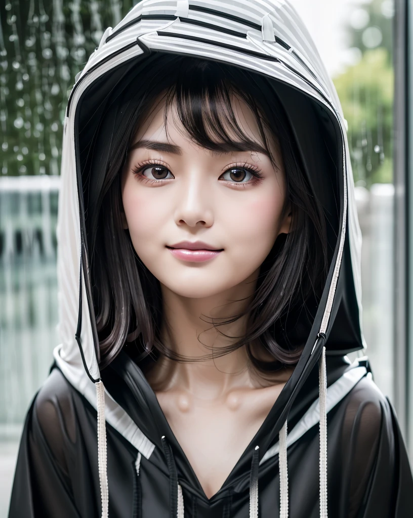 (Highest quality, 32K, High resolution, Masterpiece:1.5, ), marimo_jet, god々A photograph with brilliant dazzling and healing power., Evoking a sense of calm and elusive beauty, Expressing emotions, Have a rich imagination, Beautiful Japanese Girls, An exceptionally beautiful face, Small Face Beauty, Perfect Human Anatomy, Magical big eyes, Motherhood and generosity, Deep Love, fleeting smile, Shiny black hair, Asymmetrical bangs, Hair between the eyes, Transparent, soft white skin, Sharp eyebrows, Thin lashes, Natural Makeup, Cheek highlighter, Pale pink detailed lips, ((Black hooded raincoat:1.5)), ((Dark Room:1.2)), god秘的