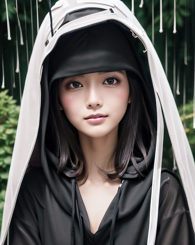 (Highest quality, 32K, High resolution, Masterpiece:1.5, ), marimo_jet, god々A photograph with brilliant dazzling and healing power., Evoking a sense of calm and elusive beauty, Expressing emotions, Have a rich imagination, Beautiful Japanese Girls, An exceptionally beautiful face, Small Face Beauty, Perfect Human Anatomy, Magical big eyes, Motherhood and generosity, Deep Love, fleeting smile, Shiny black hair, Asymmetrical bangs, Hair between the eyes, Transparent, soft white skin, Sharp eyebrows, Thin lashes, Natural Makeup, Cheek highlighter, Pale pink detailed lips, ((Black hooded raincoat:1.5)), ((Dark Room:1.2)), god秘的