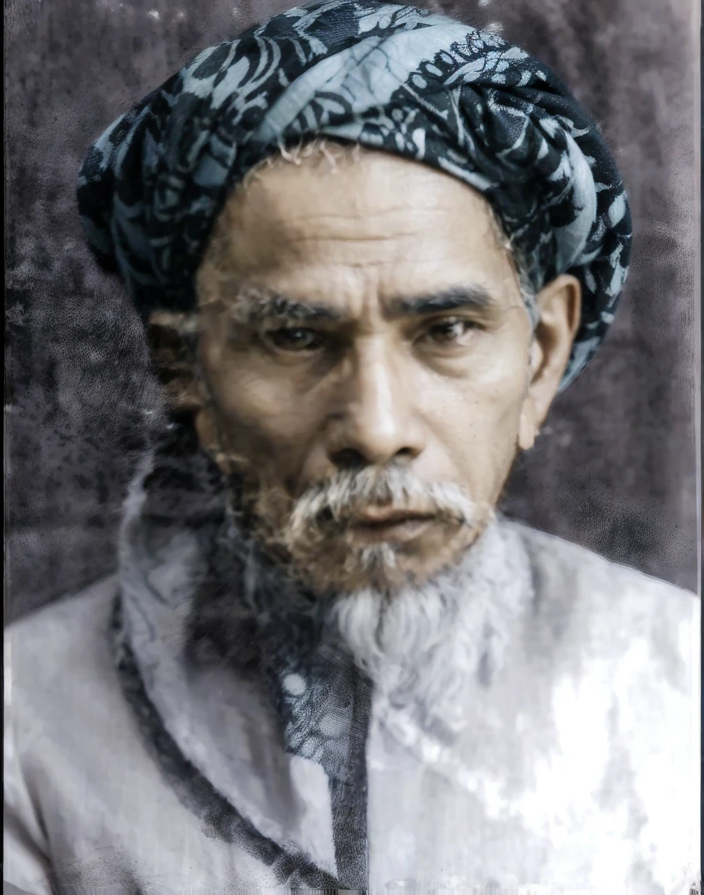 Indonesian Muslim man, 65 years old, naturally wrinkled brown skin appropriate for age, wearing a dark blue patterned turban. white Islamic clothes, oval face, tall nose, long ears, thick gray eyebrows, clear black eyes, slightly thick lower lip, thick white mustache and long beard, closed mouth. HD quality realistic images.