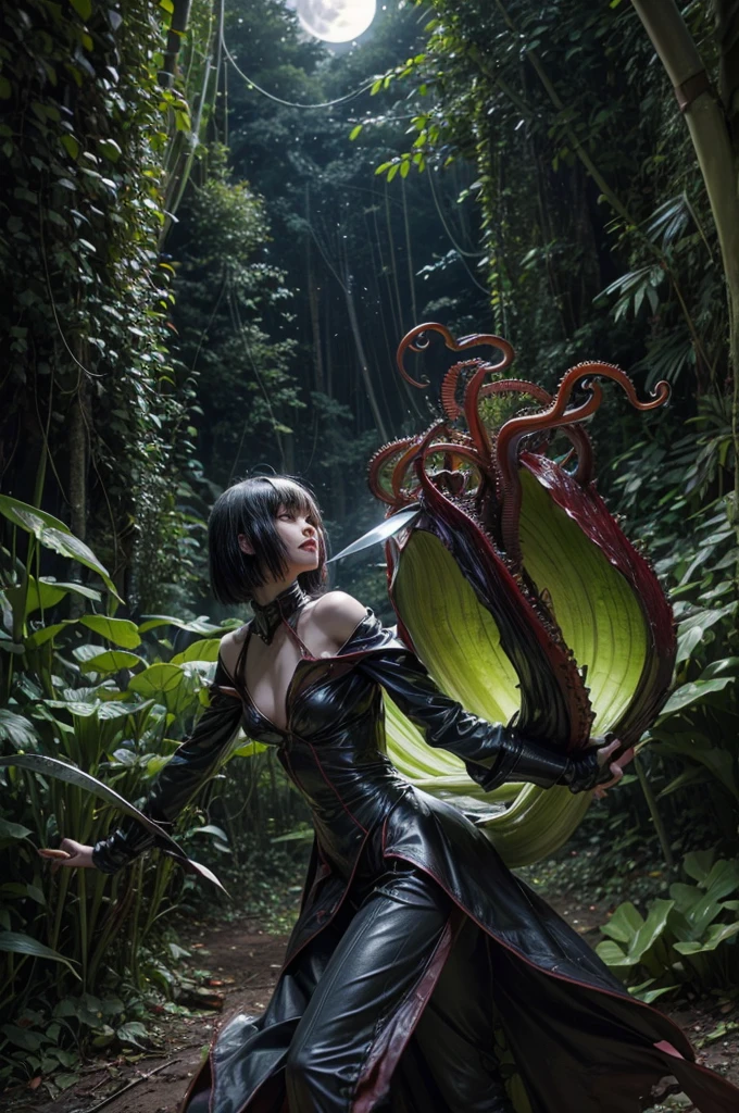 ((Giant Nepenthes, A cute zombie woman is fighting a giant pitcher plant with a knife, Combat Moves, Cut the pitcher plant into small pieces, Shabby military uniform, Plant tentacles, Venus machine crash accident, Black bob hair, whole body, Wide Shot)), (masterpiece, Highest quality, Very detailed, Beautiful details in the eyes, Clean and delicate face), In the deep virgin forest, Full moon night, Cinema Lighting