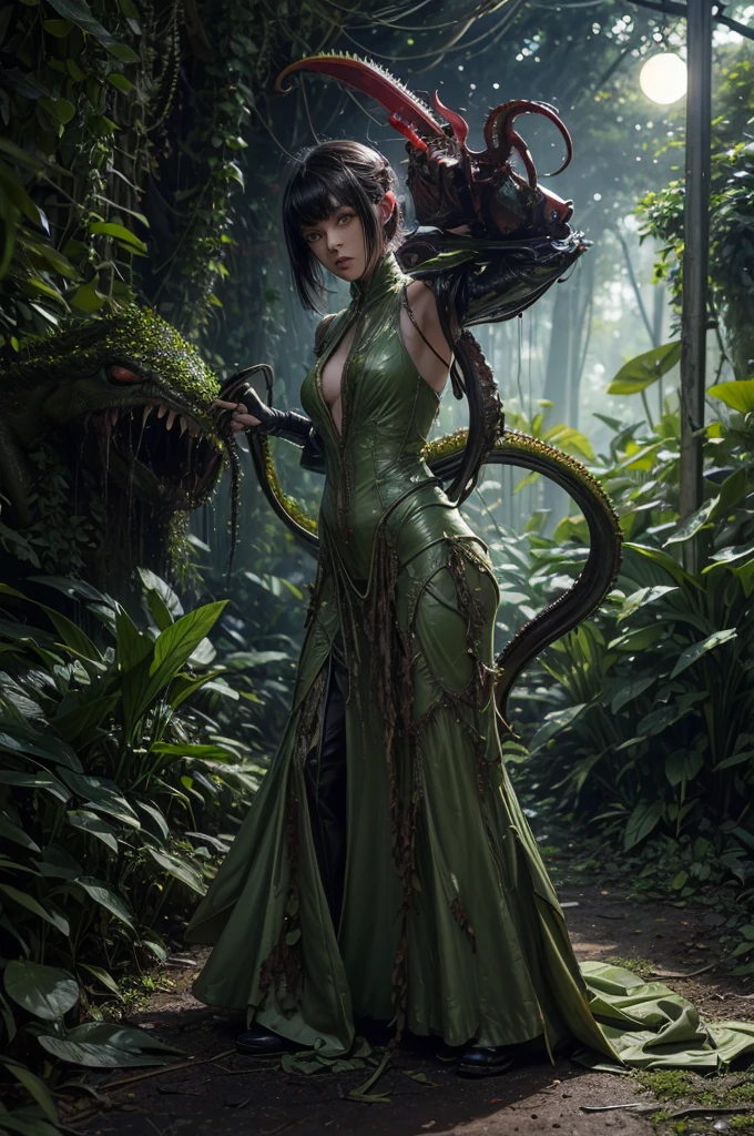 ((Giant Nepenthes, A cute zombie woman is fighting a giant pitcher plant with a knife, Combat Moves, Cut the pitcher plant into small pieces, Shabby military uniform, Plant tentacles, Venus machine crash accident, Black bob hair, whole body, Wide Shot)), (masterpiece, Highest quality, Very detailed, Beautiful details in the eyes, Clean and delicate face), In the deep virgin forest, Full moon night, Cinema Lighting