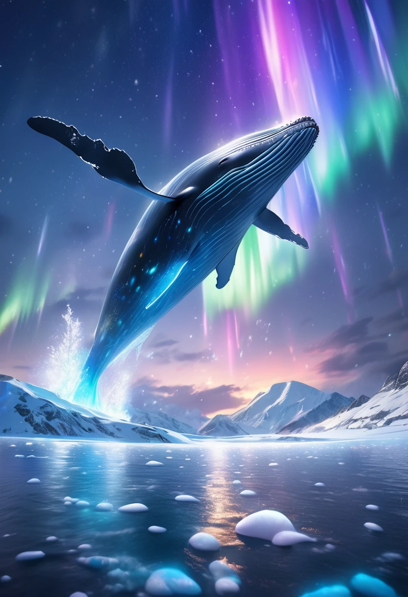 A giant majestic whale soaring through the night sky, surrounded by a stunning backdrop of aurora borealis and icy landscapes, (best quality,4k,8k,highres,masterpiece:1.2),ultra-detailed,(realistic,photorealistic,photo-realistic:1.37),flying whale, whimsical, ethereal, dramatic lighting, intricate details, cinematic, vivid colors, glowing aurora, ice crystals, surreal, dreamlike