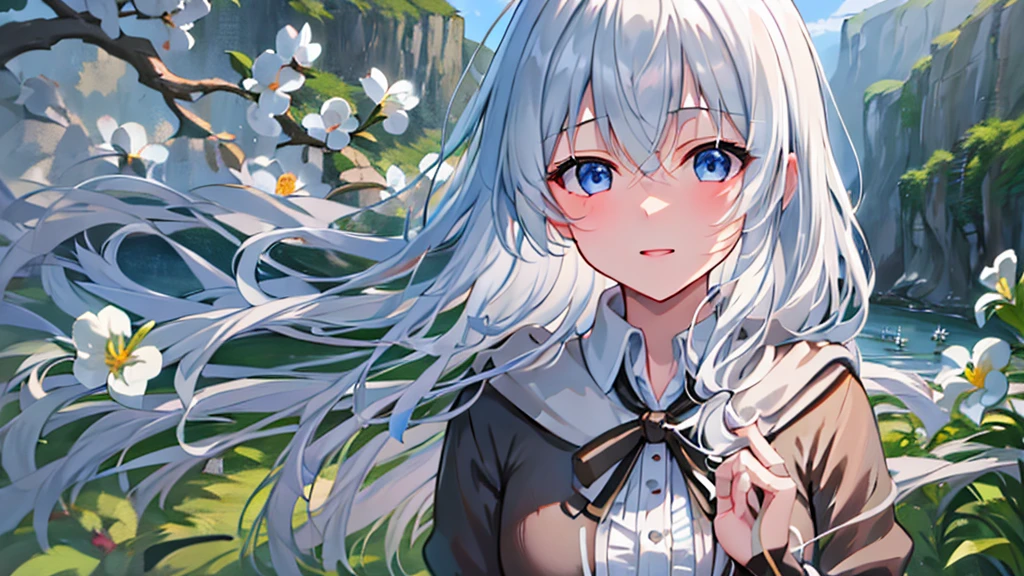 Ultra HD,Look at the viewers, Put your hands behind your back, With a girl, 20-year-old, 非常にShort Hair, Long bangs between the eyes, Pale blue eyes, Very detailed,(masterpiece、Highest quality),Gray Hair、Laughter、Fantastic, Silver Hair, Iris, Short hair、 Fluttering Hair、Small Face、明るいsmile、(Detailed face) ,Professional Lighting,Wonderful landscape,blue sky, sunlight,Looking down from above,Portraiture、Open your mouth、Flower Field、Her eyes were shining、Mysterious and enchanting atmosphere。With AI Painting、とてもShort Hair, Long bangs between the eyes, Very detailed,(masterpiece、Highest quality)、alone、Gray Hair、Fantasy, Silver Hair, Fantasyな風景、smile、Open your mouth、short hair、Short Hair、hairpin、black eye、Grey Eyes、Beautiful Eyes、Black Shirt、White hoodie
