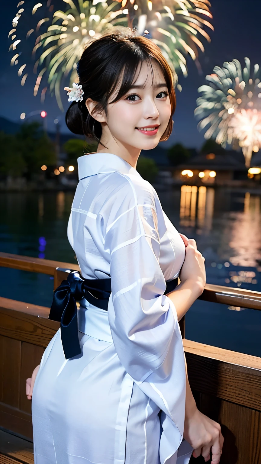(8k、RAW Photosgraphy、highest quality、masterpiece:1.2)、(Realistic、Photorealistic:1.37)、Ultra-high resolution、One Girl、cute、solo、night、Sitting、date、(Nose redness)、(Laughter:1.1)、(Closed)、huge 、Beautiful Eyes、(short hair:1.2)、(((Fireworks bursting into the sky、night)))、(((kimono、yukata)))、Cleavage、Perfect body、Perfect Fingers、Professional Lighting、Japanese Goddess、gravure、Detailed face and skin texture、Detailed eyes、RAW Photos,(A penis is inserted from behind while the girl is half naked and about to be guillotined:1.1),