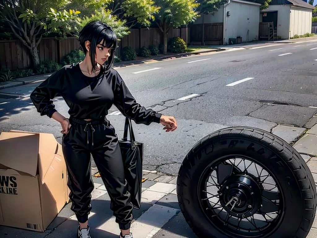 a young beautiful black dark girl, aged 25, black short hair, wearing track suit and black t-shirt, white sneaker shoes, on the side of the road, moving trucks, boxes on the ground, bags on the ground, at a house, standing straight, with the box in her hands, viewed at a distance.