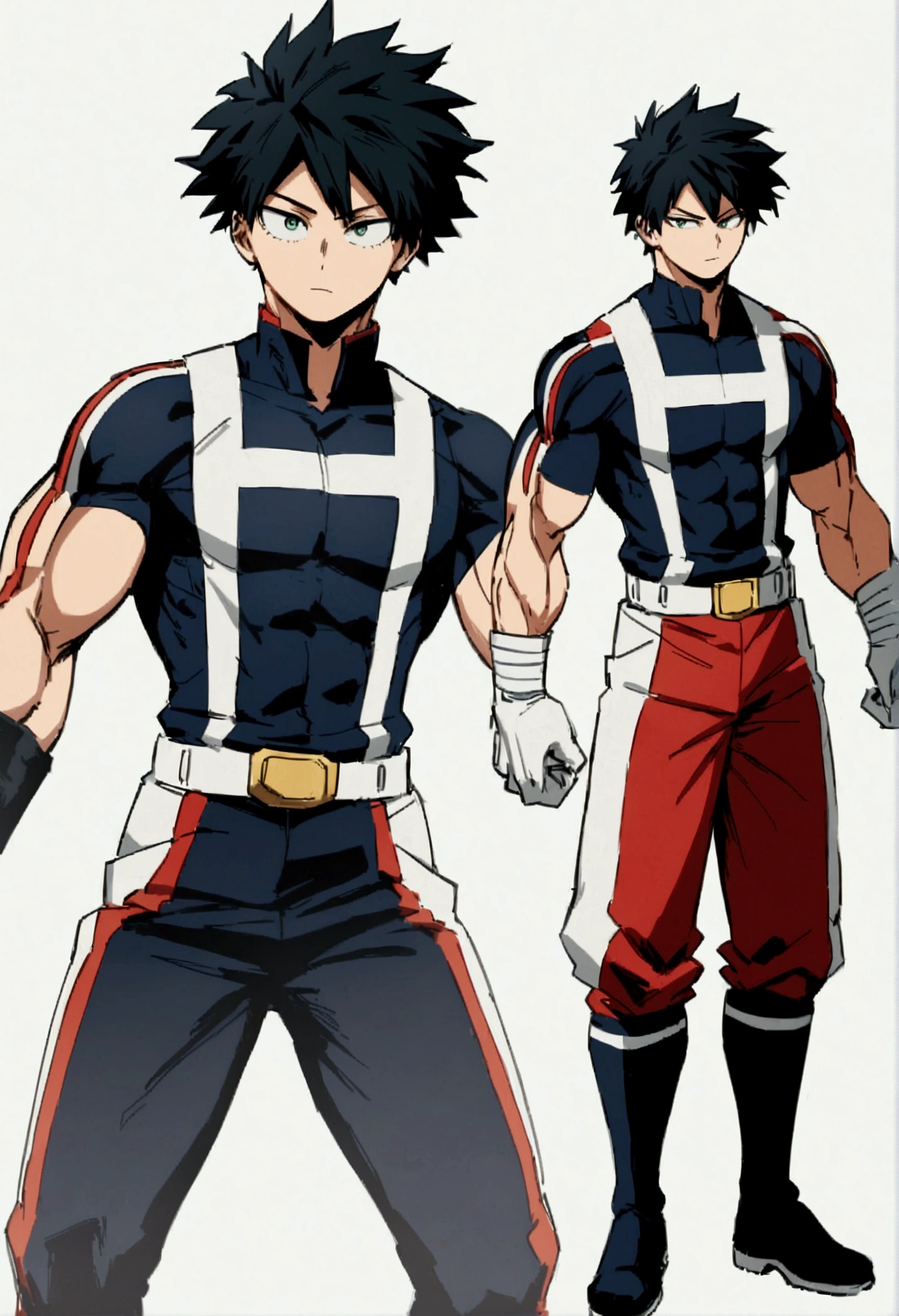  He is a 17 year old teenager, He has slightly disheveled very black hair..., somewhat light green eyes, (front angle ) , (full body), muscular body , He is dressed in the anime uniform. "my hero academia"