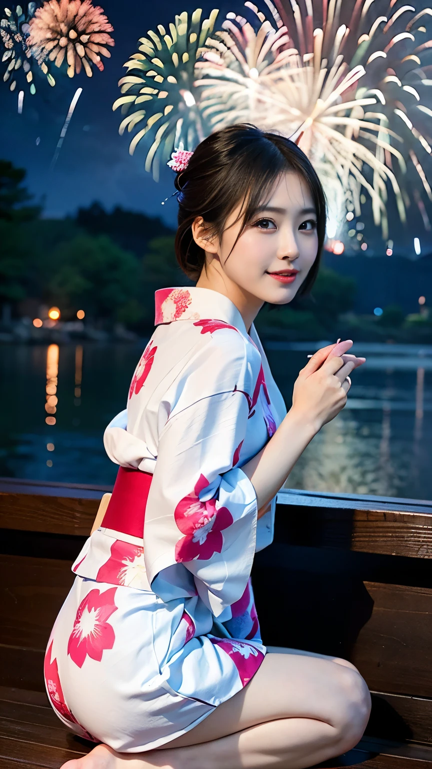 (8k、RAW Photosgraphy、highest quality、masterpiece:1.2)、(Realistic、Photorealistic:1.37)、Ultra-high resolution、One Girl、cute、solo、night、Sitting、date、(Nose redness)、(Laughter:1.1)、(Closed)、huge 、Beautiful Eyes、(short hair:1.2)、(((Fireworks bursting into the sky、night)))、(((kimono、yukata)))、Cleavage、Perfect body、Perfect Fingers、Professional Lighting、Japanese Goddess、gravure、Detailed face and skin texture、Detailed eyes、RAW Photos,(A penis is inserted from behind while the girl is half naked and about to be guillotined:1.1),