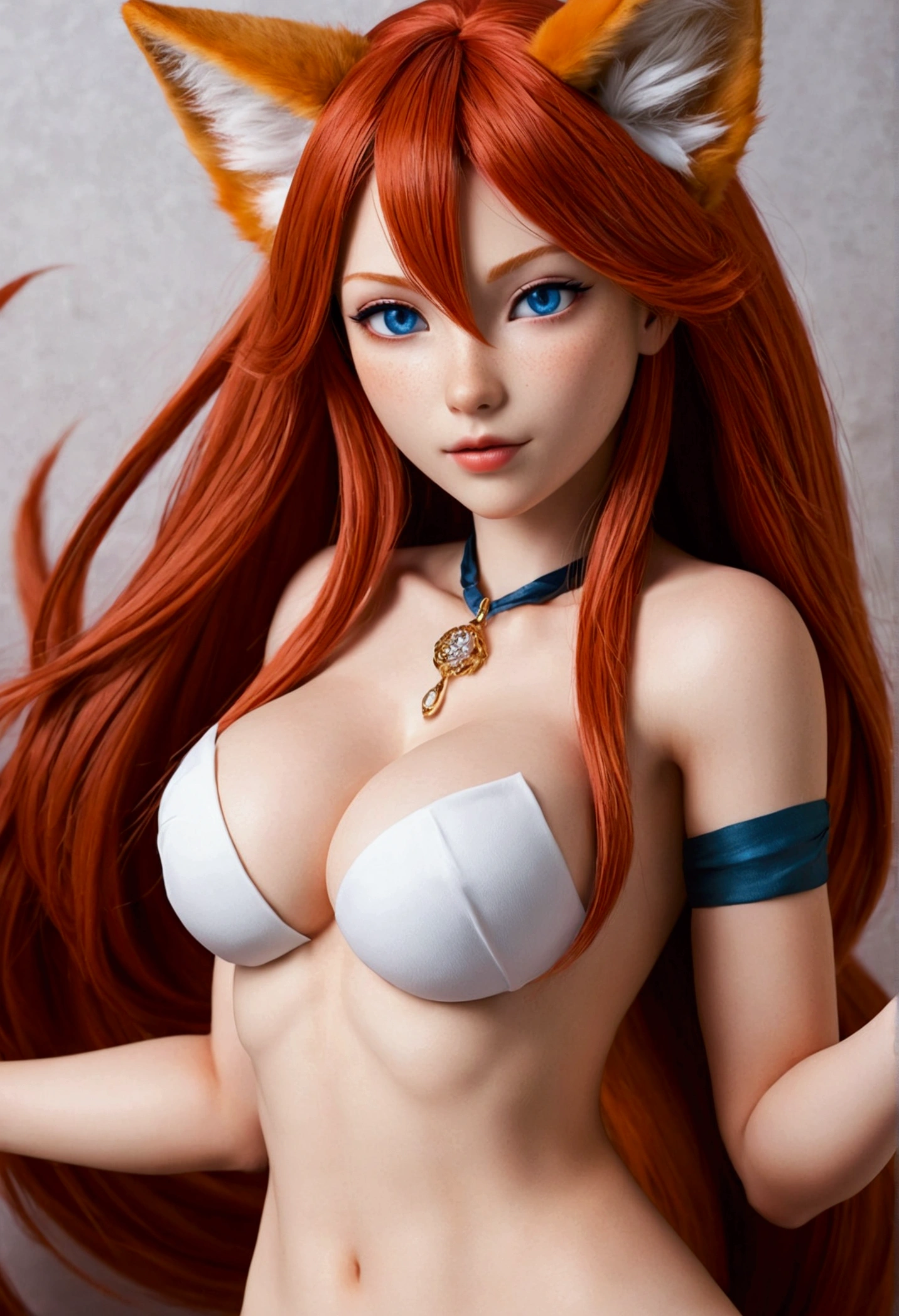 Create a Kitsune she has red hair and red tails too, red ears, a sensual and toned body, breasts big, blue colored eyes, Toned Thighs, Caucasian skin, fleshy lips, She has a small mole on her chin on the left side of her face