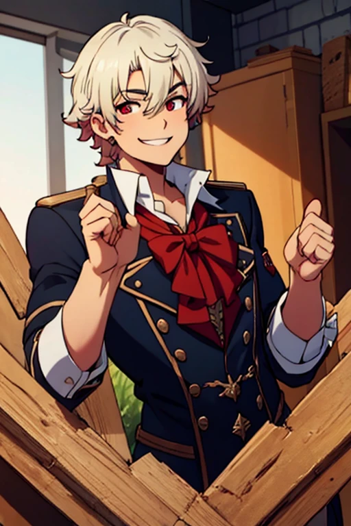 Perfect face. Perfect hands. A young white haired man with red eyes in a Gothic sheriff's uniform is exploring a mine with a big smile