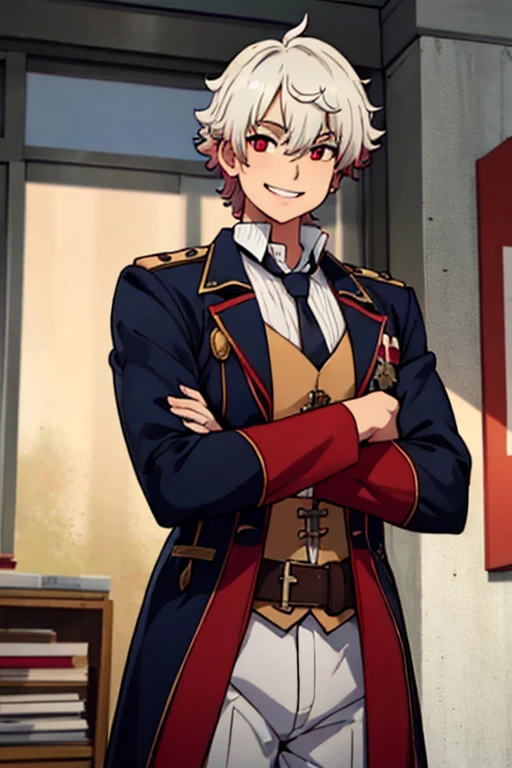 Perfect face. Perfect hands. A young white haired man with red eyes in a Gothic sheriff's uniform is exploring a mine with a big smile